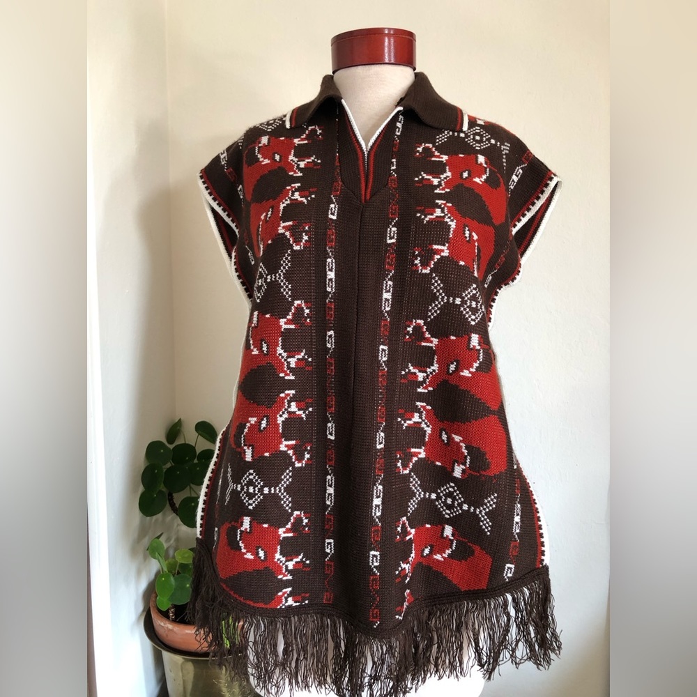 Vintage 70s poncho fringe southwestern sweater 1970s striped collar brown red
